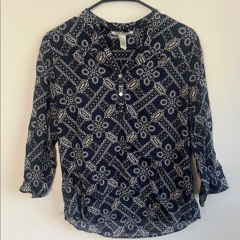 Lucky Brand Blue Mandarin Collar Blouse